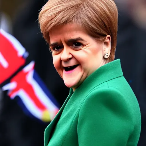 Prompt: Nicola sturgeon happpily setting fire to the british flag