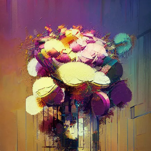Image similar to a beautiful glitched abstract geometric painting by robert proch and robert heindel of a bouquet of flowers, color bleeding, pixel sorting, copper oxide and rust materials, brushstrokes by jeremy mann, cold top lighting, pastel purple background