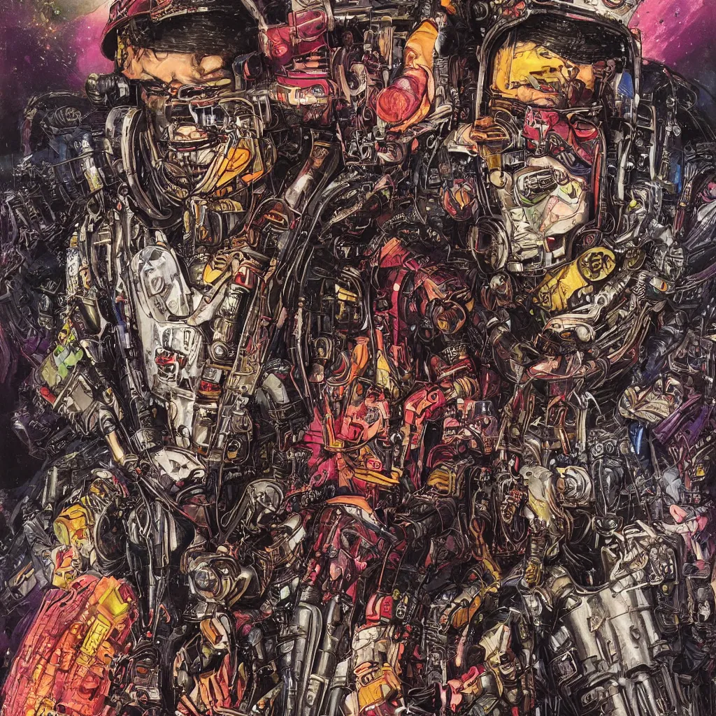Image similar to A dramatic full-color cyberpunk art nouveau styled bust portrait of philthy animal taylor as a futuristic space punk rebel drum soldier, hyperdetailed artwork by Travis Charest, Chris Achilleos, Walt Simonson and Bill Sienkiewicz, wild power, crazy fun, rebelliousness, confident laughing eyes, tarnished and rusted metal, blade runner architecture, perfectly symmetrical facial features, 8k, deeply hyperdetailed, moody cinematic lighting, realistic mechanical details, 8k, UHD, HDR