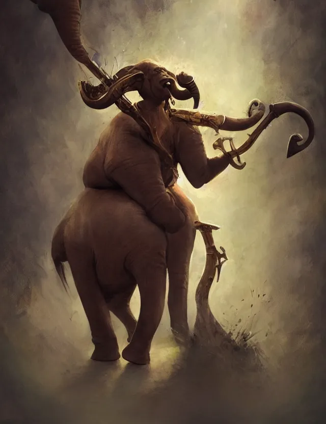 Prompt: full body, abstract painting in lush fantasy environment of a humanoid elephant with makeup on all his body and dressed like a bard, he is holding a harp, face in focus, epic, trending on artstation, masterpiece, cinematic lighting, by ross tran and by greg rutkowski