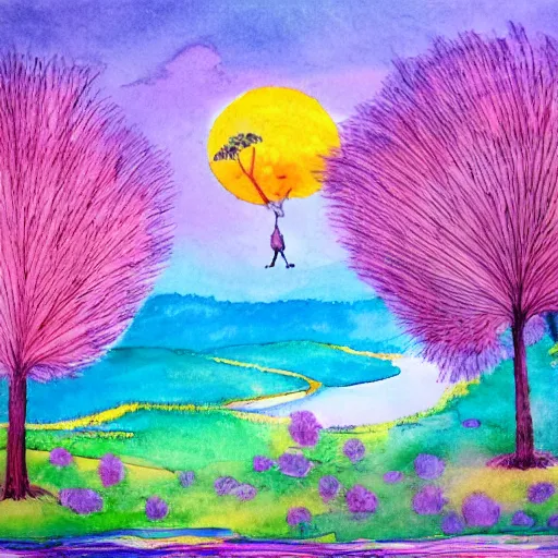 Image similar to a landscape with a purple sun with cotton candy trees flying ducks, the lorax, water color