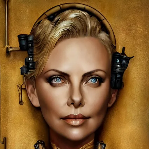 Image similar to beautiful Charlize Theron, perfect face and boy, in detailed steampunk dress, smooth, sharp focus, illustration, realistic, cinematic, artstation, gold, ornate, award winning, original modern artwork, set on H. R. Giger aesthetic, rgb ethereal lighting,8k