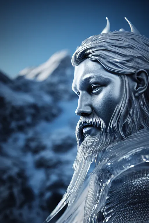 Prompt: photography of a hyper realistic clear ice statue of un unknow viking warrior god. stuning, intricate, complexe. snowy mountains dream landscape. professional digital art, unreal engine 5