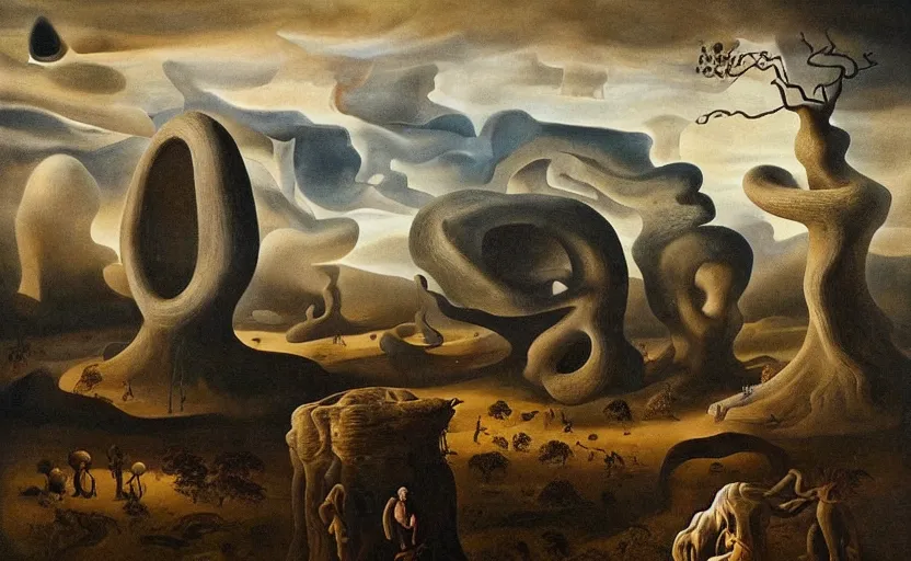 Image similar to strange disturbing surrealistic landscape with very small strange figures in the distance with large looming biomorphic figures looming inthe foreground, cast shadows, chiaroscuro, painted by dali and rachel ruysch, timeless disturbing masterpiece