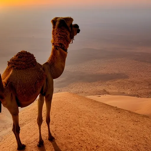 Prompt: photo a camel walking up the great pyramid, award winning, golden hour