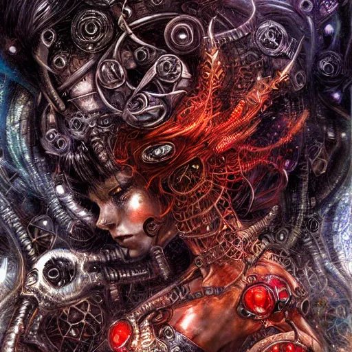 Image similar to cybernetic demon dreaming, lsd, circuitry, intricate detail, royo, whealan, hd,