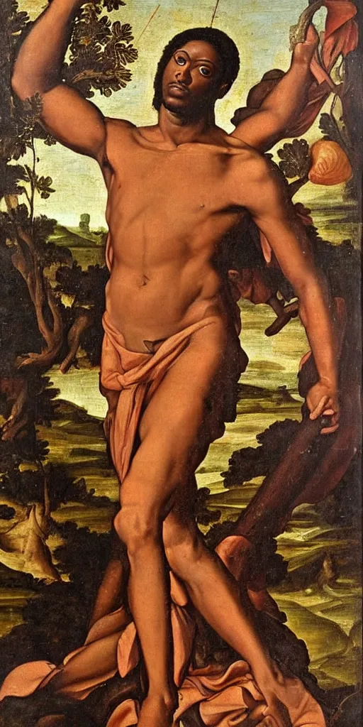 Image similar to Renaissance painting of St. Sebastian as a Black African man with an afro and dark skin, accurate face, detailed face