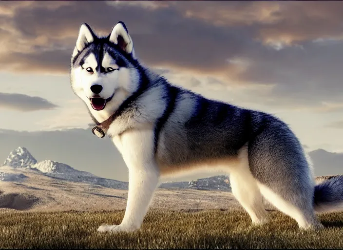 Image similar to film still of an anthropomorphic husky in a white vest in the new sci - fi movie, 8 k