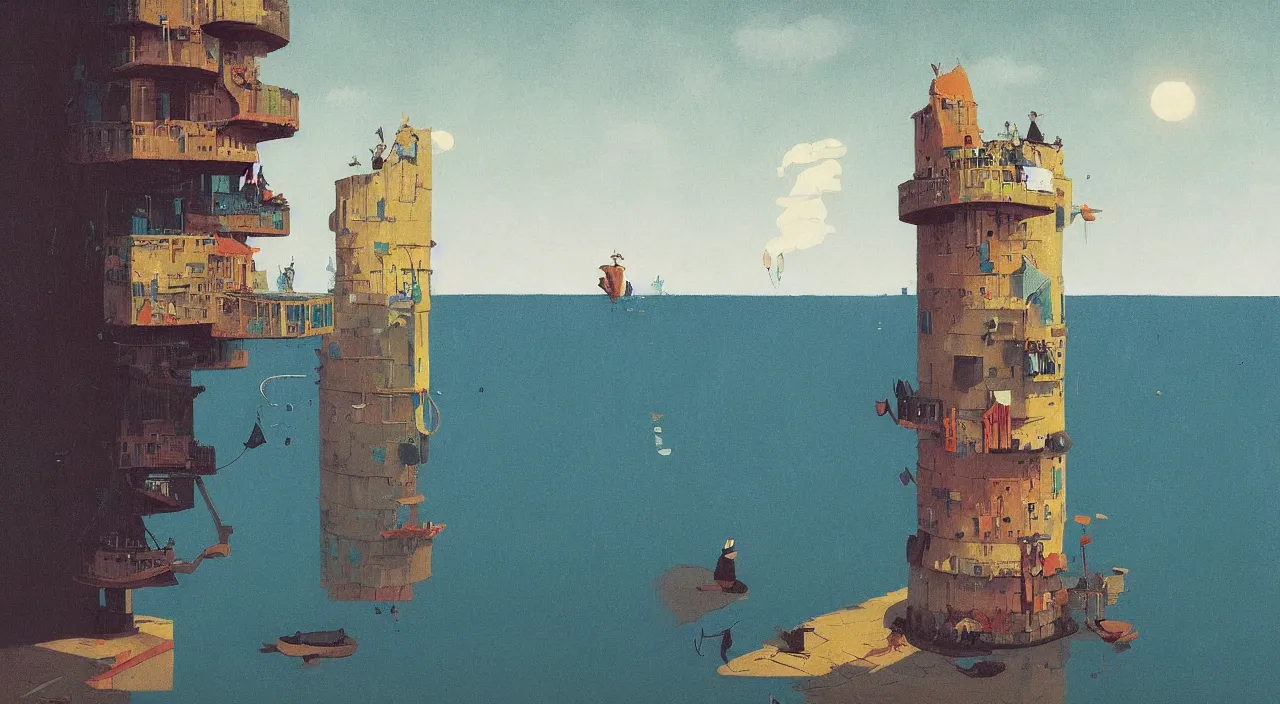 Prompt: single! flooded simple whale tower, very coherent and colorful high contrast!! masterpiece by rene magritte simon stalenhag carl spitzweg syd mead norman rockwell edward hopper james gilleard, minimalist, dark shadows, sunny day, hard lighting