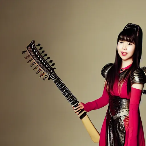 Prompt: iu wearing medieval armor playing an electric guitar