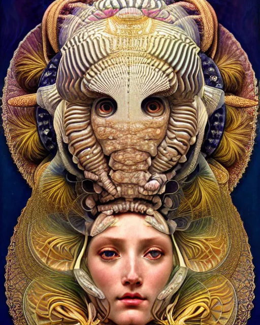 Image similar to hyperrealistic detailed face portrait of the beautiful goddess of the giant isopods with an intricate golden ornamental geometrical fractal giant isopod masked headdress, art by ernst haeckel, john william godward, android jones, alphonso mucha, h. r. giger, gothic - cyberpunk, ornamental, dimmed pastel colours,