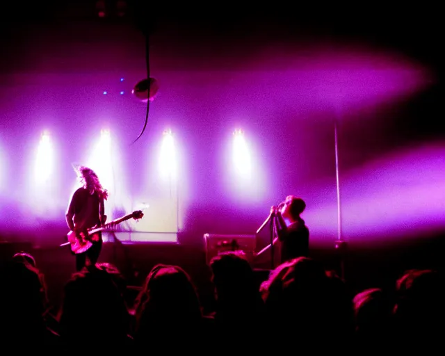 Prompt: grunge singer songwriter on stage, band playing, giant led screens, glowing - thin - wires, smoke, dust, ultrafine detail, ornate, associated press photo, band playing instruments, smoke, detailed projections, volumetric