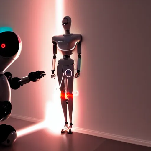 Image similar to robot that looks like a mannequin with glowing laser eyes heating up