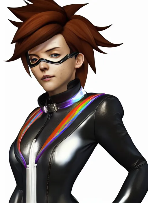 Image similar to portrait bust digital artwork of tracer overwatch, wearing white iridescent rainbow latex and leather straps catsuit outfit, 4 k, expressive happy smug expression, makeup, in style of mark arian, angel wings, wearing detailed black leather collar collar collar collar, chains, black leather harness, detailed face and eyes,