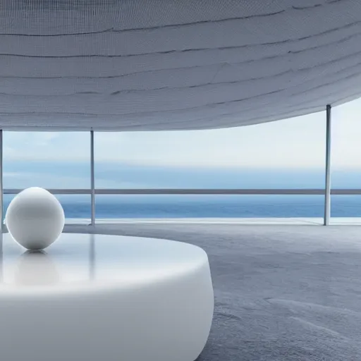 Prompt: perfume bottle on a white zen clean modern minimalist white counter in front of large circular window with ocean view, frozen and covered in ice, by peter tarka in an ivory room well contoured smooth fair walls, zaha hadid octane highly render, 4 k, ultra hd,