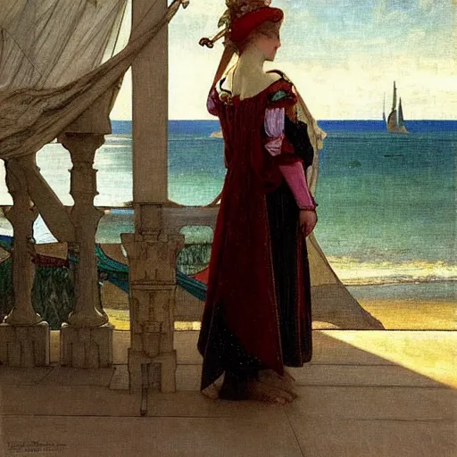 Image similar to A jester girl behind the beach castle balustrade, sail boat on the background, major arcana clothes, by paul delaroche, alphonse mucha and arnold böcklin arnold böcklin hyperrealistic 8k, very detailed