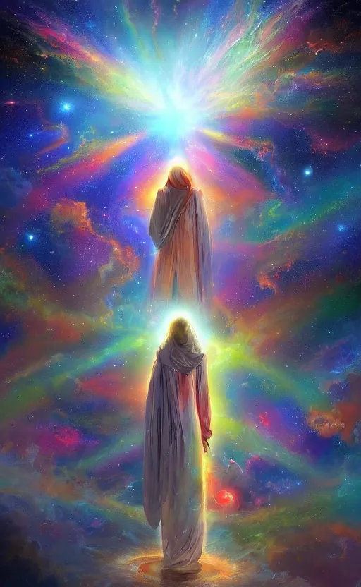 Image similar to Meeting God in the universe, digital art, trending on art station