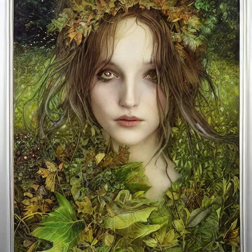 Prompt: fey queen of the summer forest, dress of leaves, fine features, thin, young, silver shimmering hair, by brian froud, dusk scene, night colors, oil on canvas, oil panting