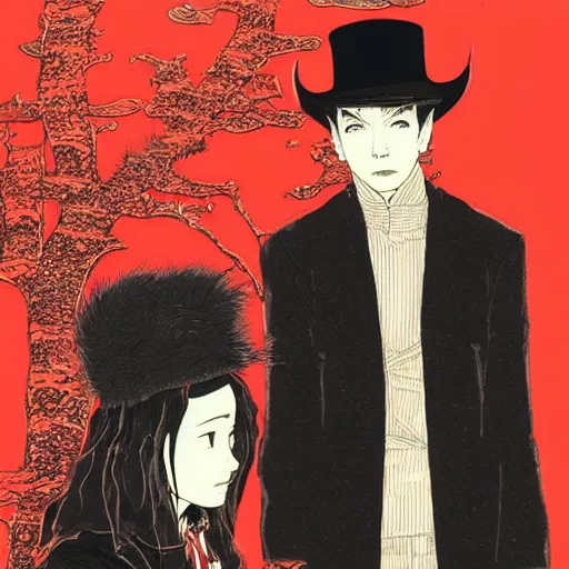 Prompt: a highly detailed epic cinematic concept art, cyberpunk, a thin man in a black coat and bowler hat talks with small young girl who is dressed in a red coat and a red hat, park, autumn, art by Takato Yamamoto and James Jean, high detail, width 768