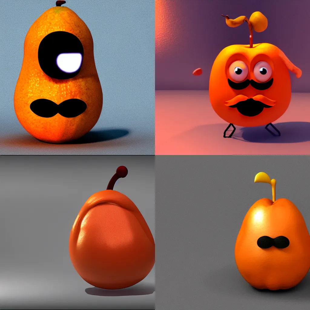 Prompt: an angry, orange pear with moustache, metal legs and a halo, unreal engine, 4k