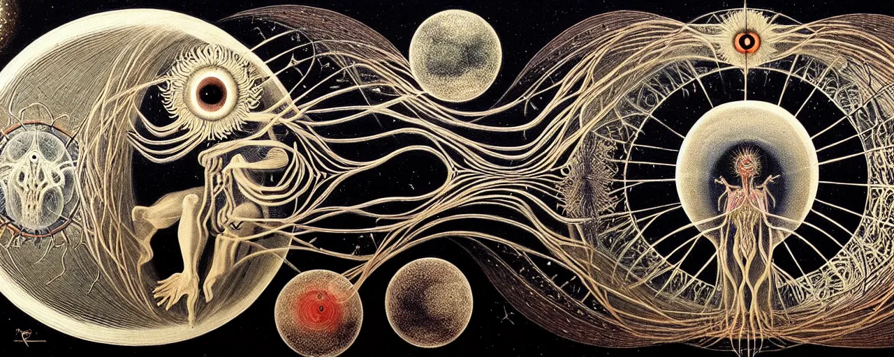 Image similar to a strange earth creature with endearing eyes radiates a unique canto'as above so below'while being ignited by the spirit of haeckel and robert fludd, breakthrough is iminent, glory be to the magic within, in honor of saturn, painted by ronny khalil