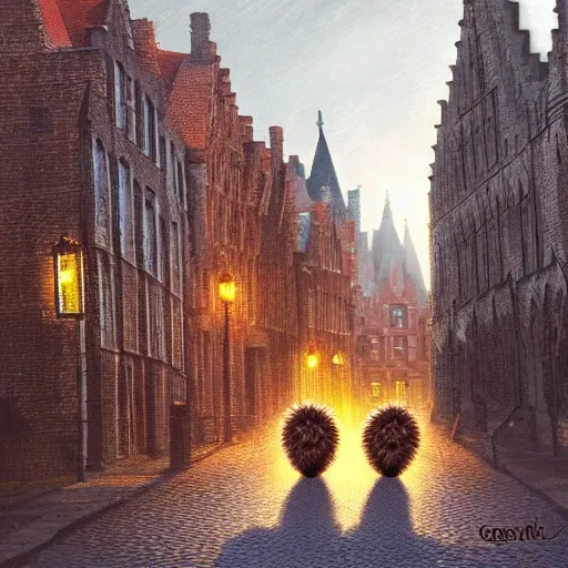 Prompt: 2 hedgehogs walking across the street next to eachother in Bruges, Belgium, in the style of Greg Rutkowski, autumn, evening, romantic