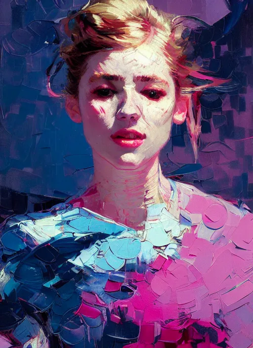 Prompt: portrait of a beautiful girl, smiling, ecstatic, dancing, eyes closed, open mouth, shades of pink and blue, beautiful face, rule of thirds, intricate outfit, spotlight, by greg rutkowski, by jeremy mann, by francoise nielly, by van gogh, digital painting