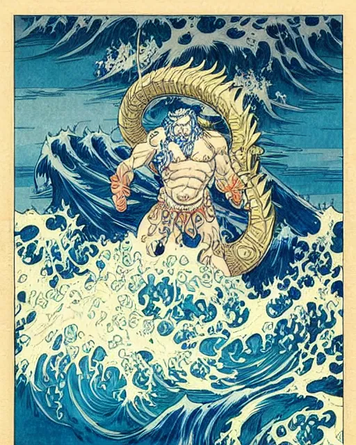 Image similar to royal king of the ocean poseidon world of warcraft god by hokusai and james gurney