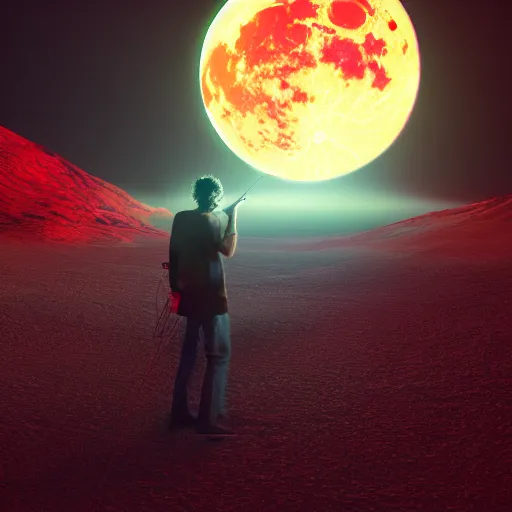 Prompt: gustavo cerati playing on the red moon, digital art, highly detailed, 8 k octane render,