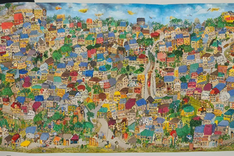 Prompt: an elaborate and dense painting of a peaceful neighborhood, detailed, made of alcohol ink on parchment and penned illustrations, by richard scarry
