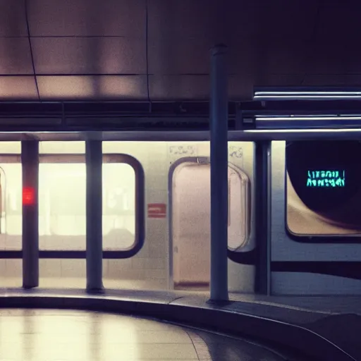 Image similar to a beautiful photo of an astronaut waiting in a subway station, 1970', soft light, morning light, photorealistic, realistic, octane, 8k, cinematic shot