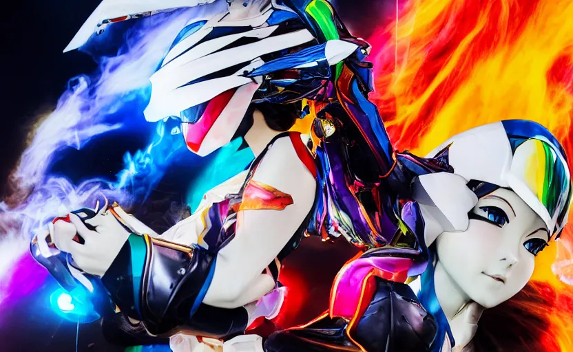 Prompt: beautifully lit photo of a white marble statue of an anime girl with colorful motocross logos and motorcycle helmet with closed visor, colorful smoke in the background, carved marble statue, fine art, in the style of brancusi, neon genesis evangelion, virgil abloh, offwhite, denoise, highly detailed, 8 k, hyperreal