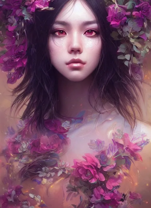 Image similar to beautiful, young eurasian woman, extremely detailed gorgeous face, looks realistic, hyper-detailed portrait, sad eyes tears, vaporwave aesthetic, synthwave, magical, fantasy, flowers, artist Artgerm and Greg Rutkowski and WLOP