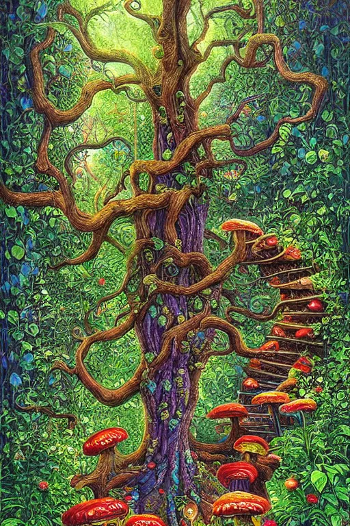 Image similar to digital painting detailed forest tree with door and stairs, magical forest flowers mushrooms painted by Michael Cheval