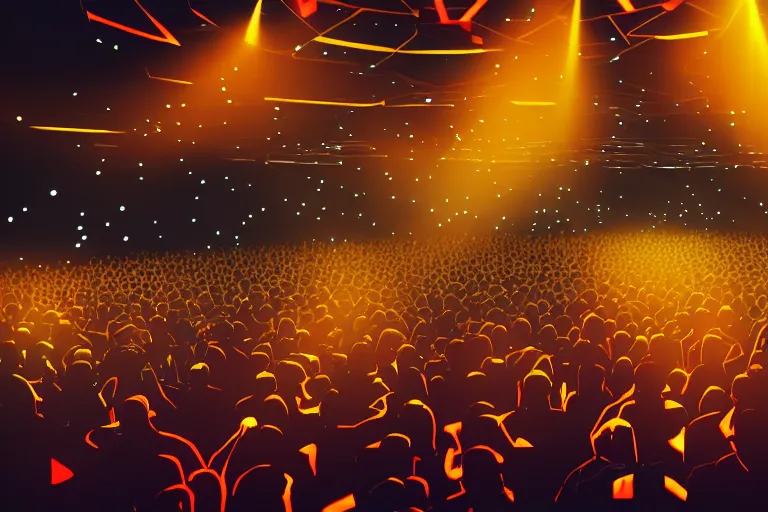 Image similar to dj on stage spinning records with headphones looking over crowd partying with their hands up at a club, volumetric lighting, haze, moving heads light beams, spot lights, disco ball, silhouette, digital art, trending on artstation, 4k, unreal engine, intricate, ornate