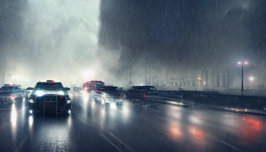 Image similar to cop car with sirens crossing washington dc during storm with tornado destroying the city, debris, hyperdetailed, artstation, cgsociety, 8 k