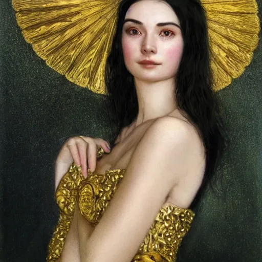 Image similar to portrait of a smiling, beautiful, pale skin eastern european female with long black hair, dark brown eyes, elegant clothing, photorealistic, highly detailed, artstation, smooth, sharp focus, gold ornaments, neon lighting, sci - fi, art by gustav klimt, artgerm, greg rutkowski and alphonse mucha