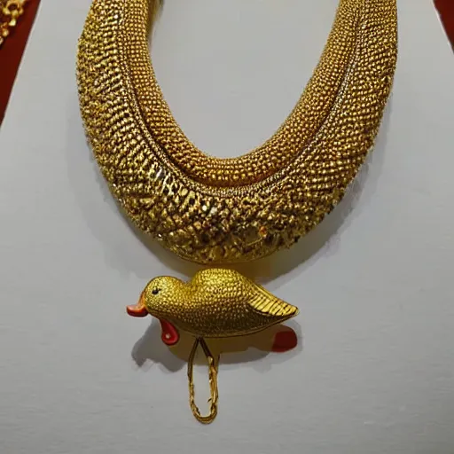 Image similar to a duck wearing a heavy gold chain, fashonable gold chain, Jewelry by Tanishq, realistic, super detailed