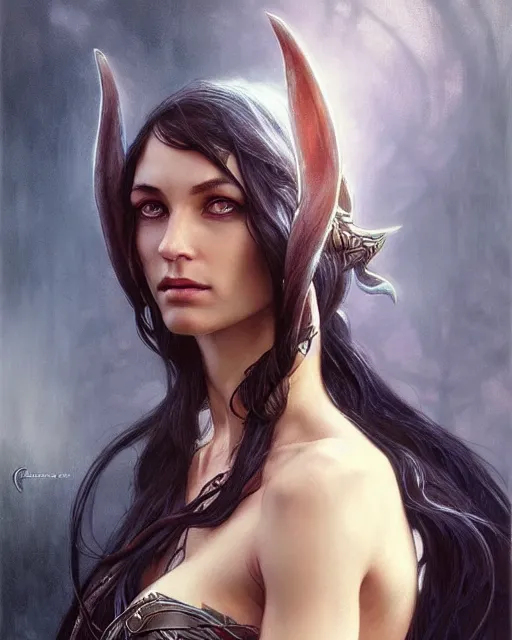 Image similar to portrait of an elven mage, dark, piercing eyes, gentle expression, elegant clothing, photorealistic, highly detailed, artstation, smooth, sharp focus, art by michael whelan, artgerm, greg rutkowski and alphonse mucha