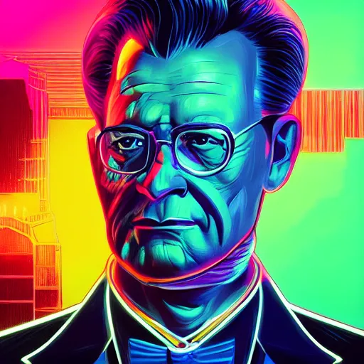 Prompt: a portrait of a cyborg josip broz tito. neon glowing, synthwave, intricate, epic lighting, cinematic composition, hyper realistic, 8 k resolution, unreal engine 5, by artgerm, tooth wu, dan mumford, beeple, wlop, rossdraws, james jean, marc simonetti, artstation