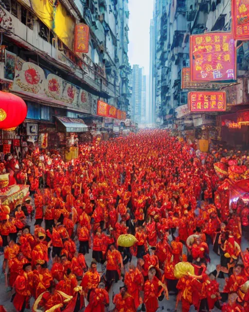 Image similar to chinese new year decoration, chinese new year parade, dragon float, monks, giant asian gods, crowd of people, street, poor buildings, hong kong buildings, kowloon, slums, cyberpunk, ghost in the shell, dramatic lighting, trending on Artstation, 8k, highly realistic, hyper detailed, unreal engine 5, IMAX quality, realistic, cinematic, epic lighting, realistic, Matte Painting, masterpiece,