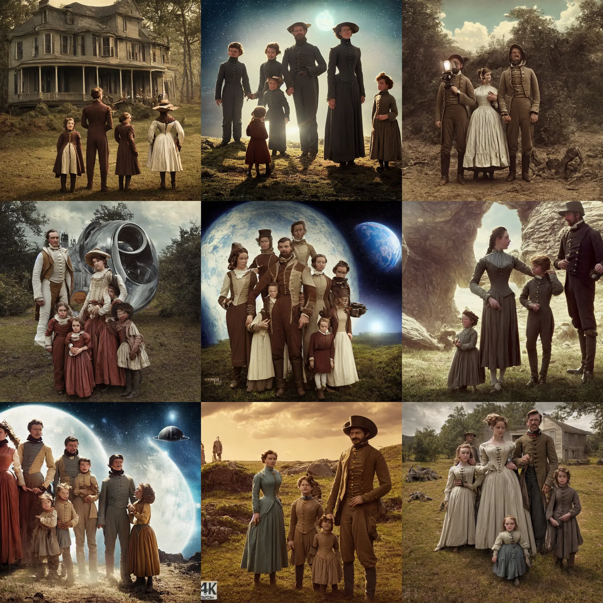 Prompt: sharp, highly detailed, film from a blockbuster sci fi 4 k color movie, set in 1 8 6 0, family standing outside a spaceship on a strange alien planet, looking happy, wearing 1 8 5 0 s era clothes, atmospheric lighting, in focus, reflective eyes, 3 5 mm macro lens, live action, nice composition, good photography