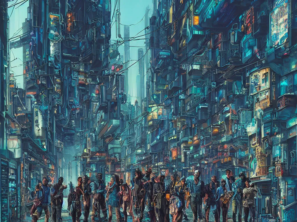 Prompt: a hyperrealistic and beautiful matte painting of a cyberpunk gang on the alleyway of a lofty city, gritty, cyberpunk ads, piping, cables, art deco architecture, graffiti, fine detail, intricate, polished, blue color scheme, cinematic lighting, digital art, illustratioin, by john smith, noriyoshi ohrai