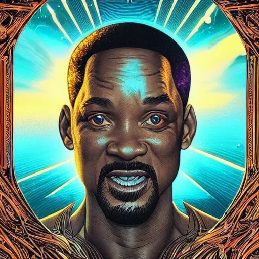 Prompt: the second coming of will smith, by dan mumford and ross tran, cosmic, terrifying, demon rays, intricate detail, cinematic, 8 k, cel shaded, unreal engine, featured on artstation, pixiv