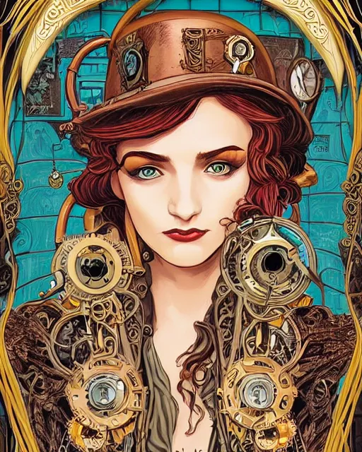 Prompt: a detailed portrait illustration of a steampunk mage - priestess. gorgeous face, coy expression. art nouveau, pop art, comic book style. influenced by neil gaiman, h. p. lovecraft, dan mumford, android jones, vadim voitekhovitch, killian eng, ross tran.