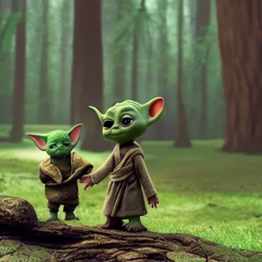 Prompt: baby yoda and baby groot in a forest