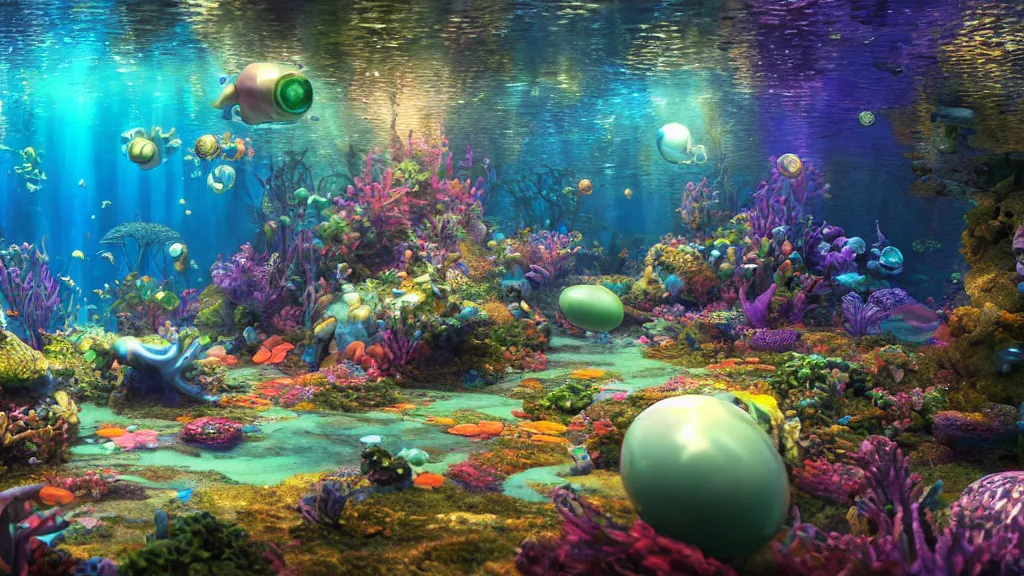 Prompt: Vivid ultra realist and ultra intricate detailed 3d render of an underwater environment with mermaids silhouettes, squids, ruins, translucid eggs, bubbles, elegant, reflections, focus, volumetric water, rainbow lighting, award winning, trending in cgsociety artstation deviant art, octane render, by Beeple