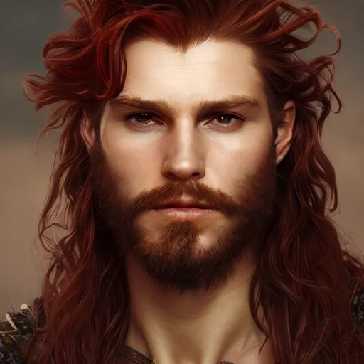 Prompt: portrait of a young ruggedly handsome but joyus pirate, male, masculine, upper body, red hair, very long hair, d & d, fantasy, intricate, elegant, highly detailed, digital painting, artstation, concept art, matte, sharp focus, illustration, art by artgerm and greg rutkowski and alphonse mucha