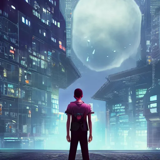 Image similar to young man facing the desperate and endless call of the void, futuristic cityscape, unreal 5 render, vivid colors, high detail, clear weather, studio ghibli, digital art, octane render, beautiful composition, trending on artstation, award - winning photograph, masterpiece