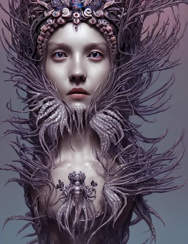 Image similar to symmetrical, centered, zbrush sculpt of goddess close-up portrait wigh crown made of skulls. phoenix betta fish, phoenix, bioluminiscent creature, super intricate ornaments artwork by Tooth Wu and wlop and alena aenami and greg rutkowski